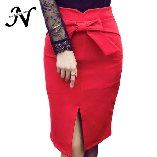 

wholesale- bow high waist pencil skirt black red knee length autumn winter women skirts casual tight womens bodycon skirt plus size saia