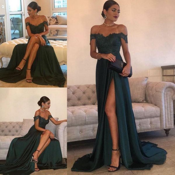 Novo 2018 vestidos de baile fora do ombro barato longo verde escuro cetim renda apliques lado split boné mangas vestido de festa formal vestidos de noite