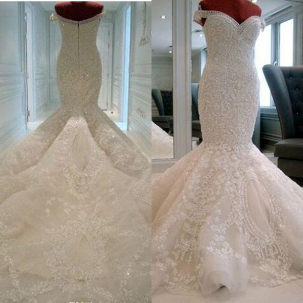 Deslumbrante Luxo Exclusivo Vestidos de Casamento Sereia Fora Do Ombro Bordado Pérolas Frisadas Requintados Noivas Vestidos de Noiva Longo Trem