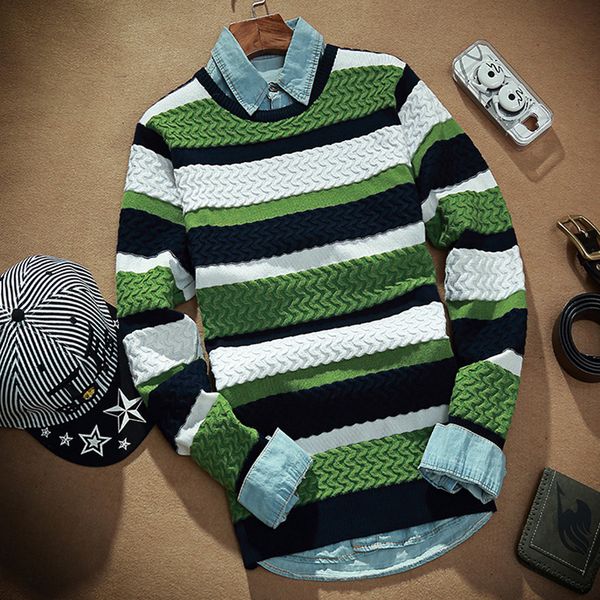 

wholesale-new brand winter casual stripe pullover sweater men o-neck knitted full length leisure sweaters fish pattern hitting scene 15g33, White;black