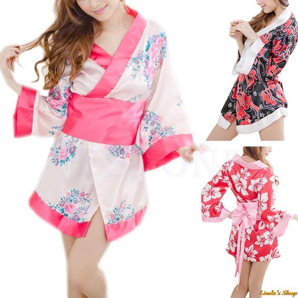 

wholesale-1pc women satin kimono yukata bath robe sleepwear lingerie nighties dress gown, Black;red