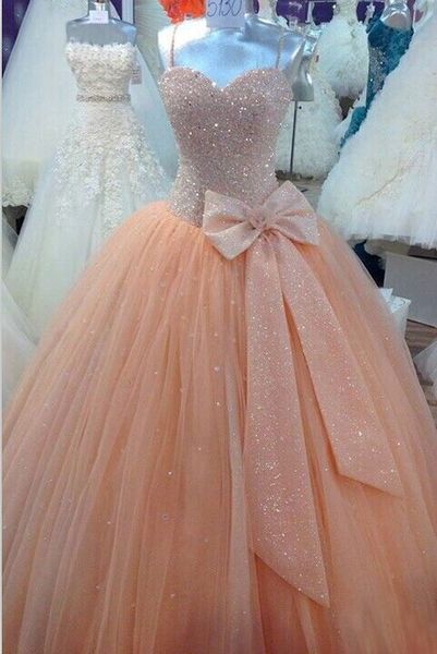 

peach tulle sweet 16 dress quinceanera dresses sparkling sequins corset floor length sweetheart real image ball gown prom dress for 15 years, Blue;red