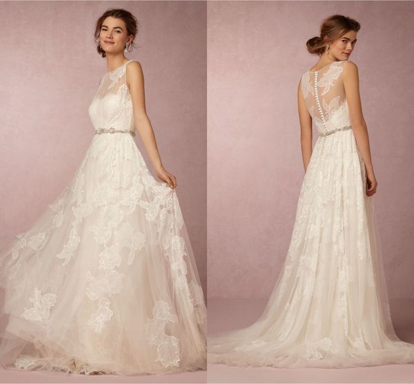 

Romantic Bohemian Wedding Dresses BHLDN Bateau Sleeveless A Line Lace Wedding Dress For Beach Bridal Gown Custom Made