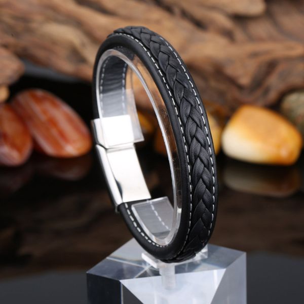 

new black genuine leather 12mm silver tone stainless steel fashion mens bracelet