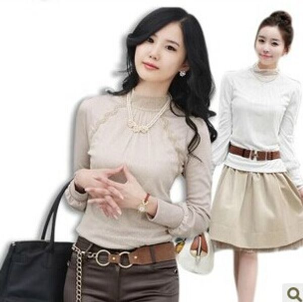 

Женские футболки дамы повседневная с длинным рукавом кружева футболка с высоким