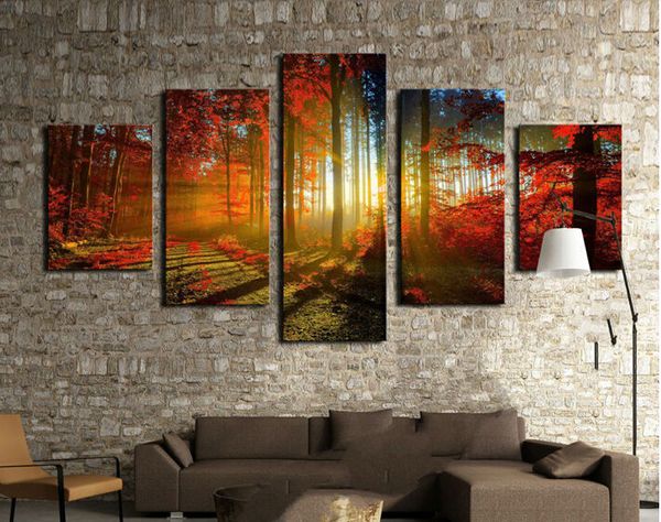 

forest and sunset sunlight autumn red woods 5 panel canvas print painting modern wall art home decoration living room f/490