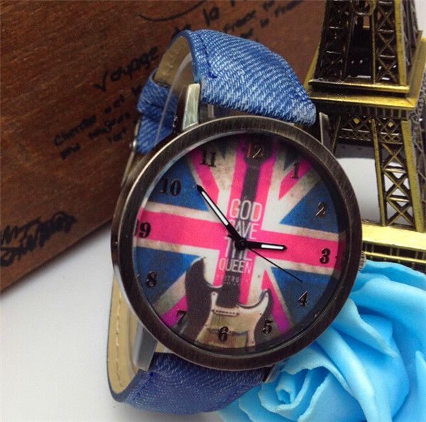 

wholesale-1pcs price quartz watches men sports watches denim fabric women watch news paper wristwatch design hours 106, Slivery;brown