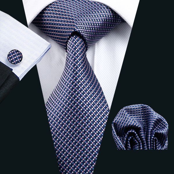 

blue silk tie for men pocket square cufflinks set check pattern mens jacquard woven business formal necktie 8.5cm width casual set n-0660, Black;blue