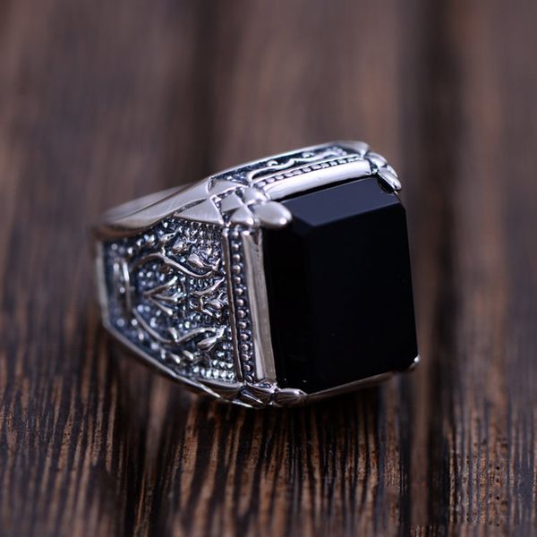 

wholesale- black obsidian ring vintage 100% real pure 925 sterling silver for mens with natural stone genuine fine jewelry rock fashion, Golden;silver