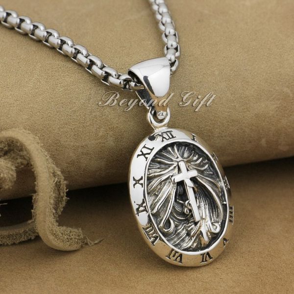 

rome clock round 92.5% sterling silver pendant cross punk jewelry 9r007(necklace 24inch)