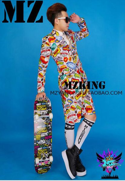 

мужской певец клубы в европе и взлетно-посадочной полосы выглядит эластичный легкий шелковый атлас светло-серый цвет граффити костюм костюмы, Black;red