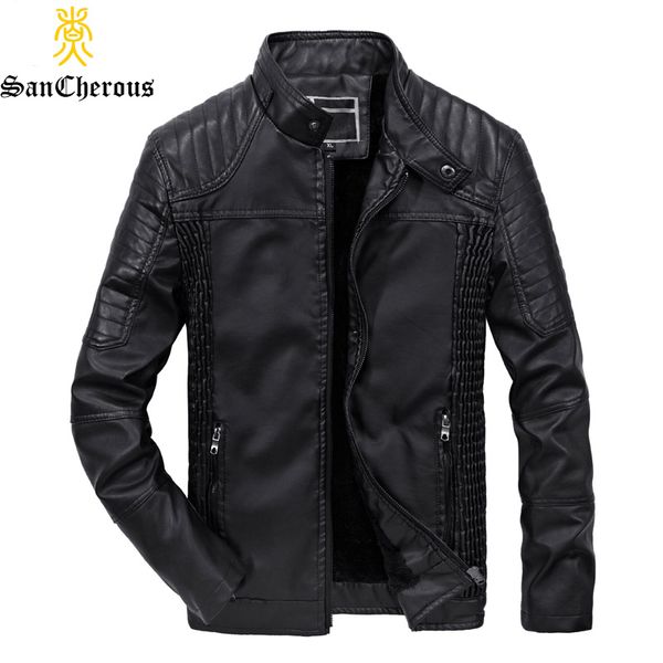 

wholesale- 2017 men fur liner leather jacket winter outerwear motorcycle men thick windproof warm fashion coat, Black