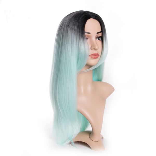 

long straight middle part dark root synthetic hair wig for women, Black