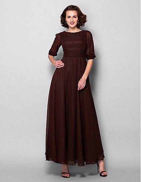 A-Linien-Kleid für die Brautmutter in Übergrößen in Schokoladenbraun, knöchellange Chiffon-Kleider mit halben Ärmeln
