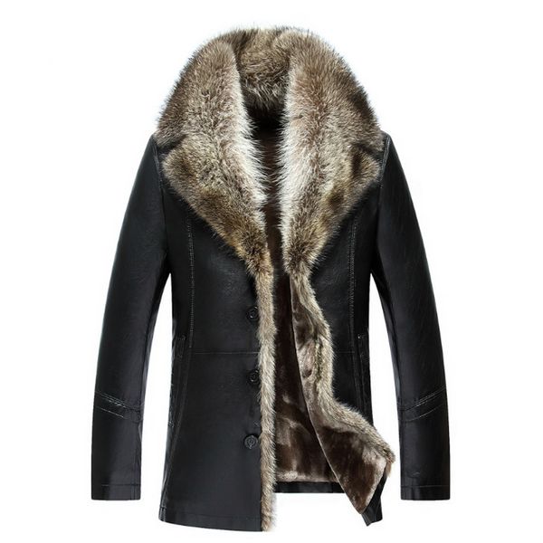 

Mens Sheepskin Coats Winter Leather Jackets Real Raccoon Fur Collar Snow Overcoat Warm Thick Outwear High Quality Large Size 4XL