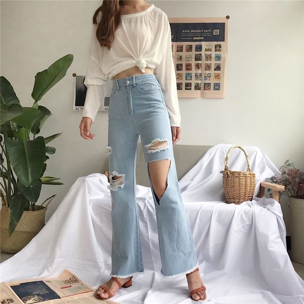

wholesale women bell bottom denim pants high waisted flare wide leg vintage plus size jean, Blue