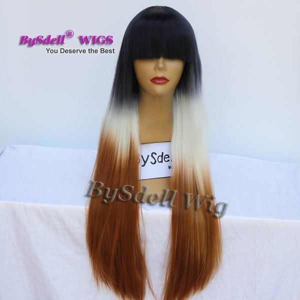 

New Long Straight Hairstyle Wig, Synthetic Three Tone Ombre Color Black Ombre White Auburn Brown Color Hair Wigs with neat bangs