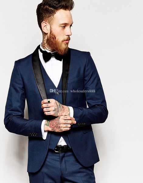 

Боковые вены Slim Fit Groom Tuxedos Shawl Collar Мужские костюмы Navy Blue Groomman / Bridegroom Wedding / Prom Костюм