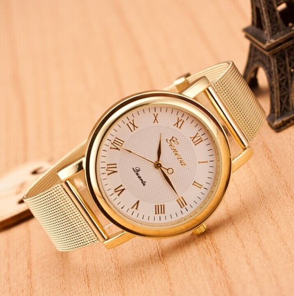 Moda Genebra Relógios Golden Mesh Belt Watch for Women Homens Dress Dress Roman Numerais Dial MeShsteel Banda Senhoras Relógios de Relógios