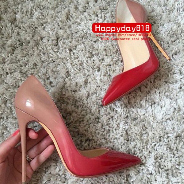 Bombas femininas de moda grátis vermelho nu preto nu couro envernizado ponta dedo do pé sapatos de salto alto botas couro genuíno foto real