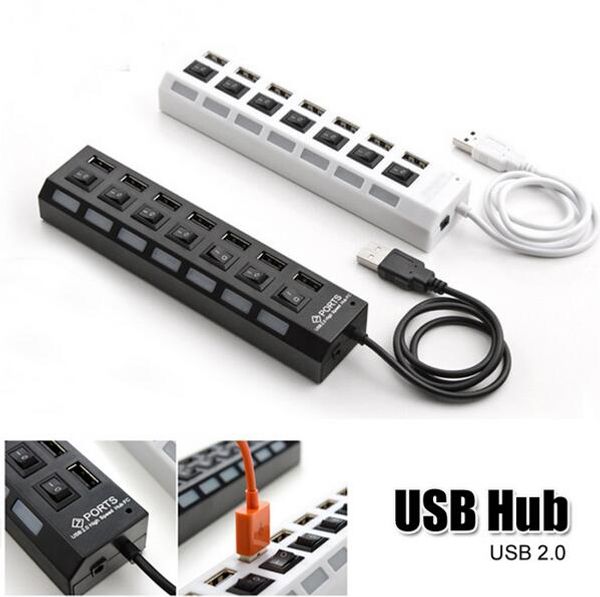 Портативный универсальный черный белый USB 2.0 Multi-Port Socket 7 Порты USB Hub Ноутбук ПК Быстрое зарядное зарядное устройство / Станция Офисный подарок