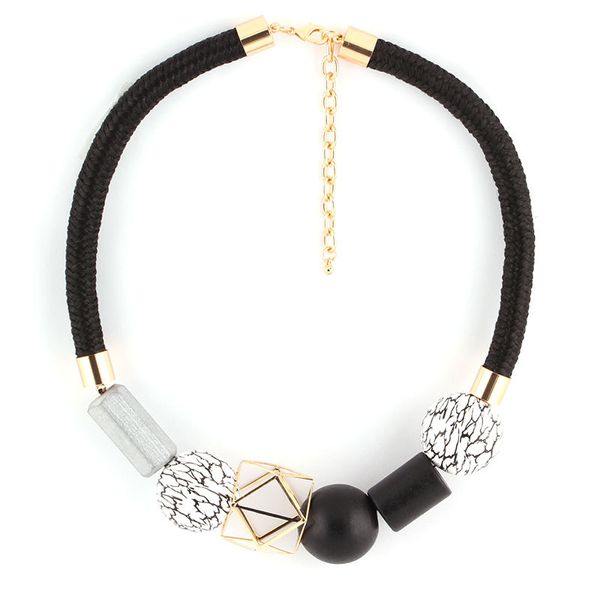

new fashion black leather statement necklace ethnic boho chokers necklaces women black & white wood beads choker, Golden;silver