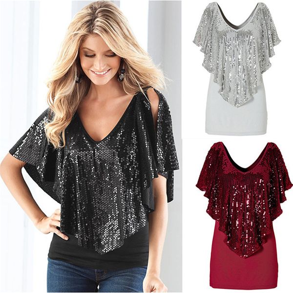 

casual women women's shiny v-neck summer sequins m-xl t-shirt casual t-shirt short-sleeved gray/black/red style shipping nvhq