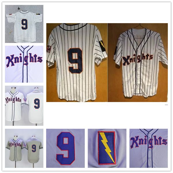 

#9 Roy Hobbs New York Knights The Natural Movie Redford Baseball Jersey Gray White Pinstripes Baseball Jerseys