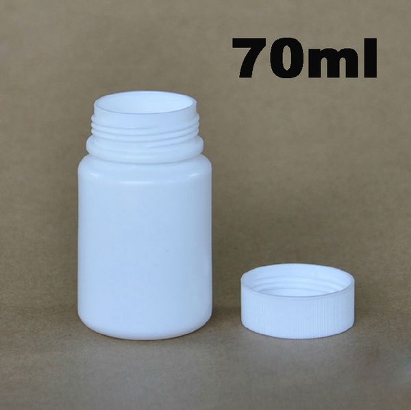 (500 pçs/lote) 70ml/70g Garrafa Médica HDPE Branca Redonda, Garrafa Cápsula, Garrafa de Amostra, Garrafa de Plástico com Almofada de Folha de Alumínio