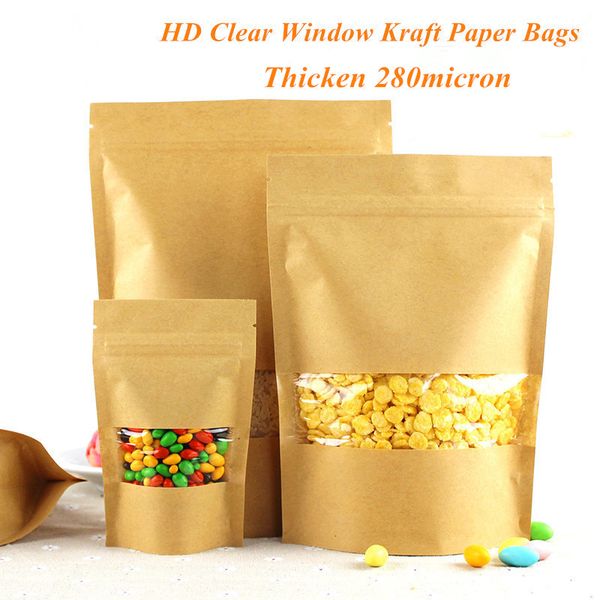 

Thicken Stand Up Brown Kraft Paper Ziplock Bags for Coffee Nuts Snack Tea Packaging Storage Pouches with Clear Window