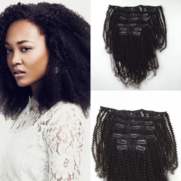10A Virgens mongol Afro Kinky Curly Clipe Ins Africano americano em extensões do cabelo humano da Mulher Negra Clip On Hair Pieces