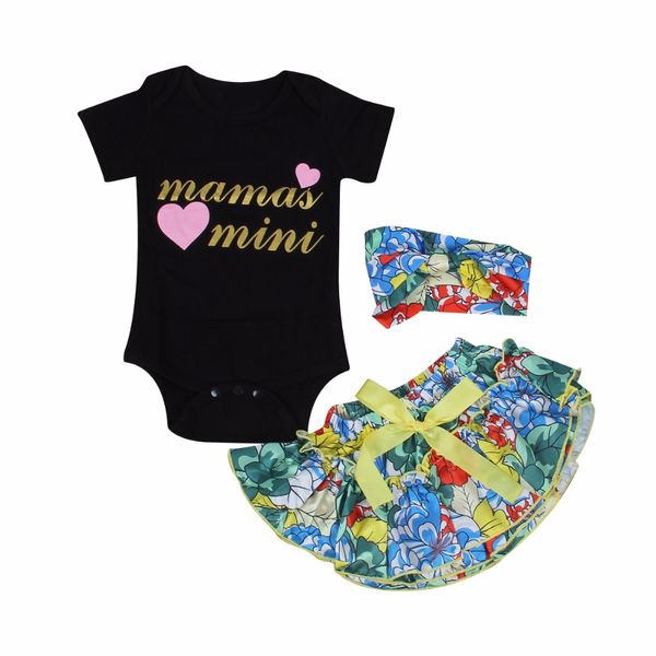 Neugeborenes Baby Mädchen Kleidung Mamas Mini Brief Kurzarm Strampler Overall Tutu Shorts Blumenröcke Stirnband 3PCS Kinder Outfits Set 0-24M