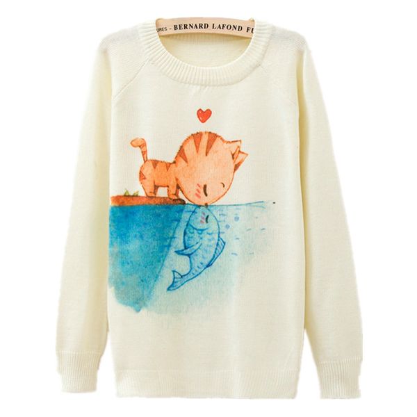 

wholesale-[1314] 2015 new fashion autumn winter women long sleeve cats kiss fish print knitted sweater pullover knitwear outerwear, White;black