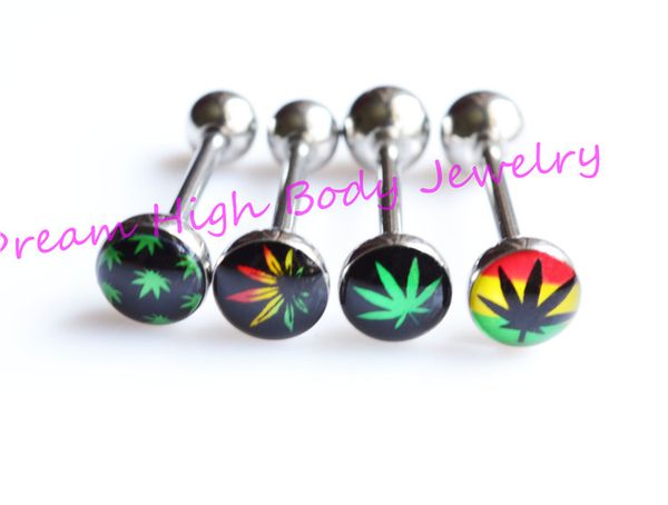 

tongue bar ring straight piercing body jewelry mixed logos 14g green leaf 316l stainless steel colorfu barbell l, Silver
