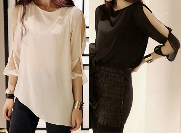 

korean women fashion cut out open shoulder chiffon loose blouse, White
