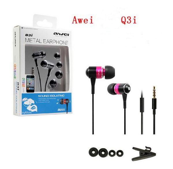 Awei Q3I ES-Q3i Super Clear Bass Metall-Ohrhörer In-Ear-Kopfhörer mit Mikrofon, geräuschisolierend, freihändig für iPhone, Samsung, alle Mobiltelefone, MP3
