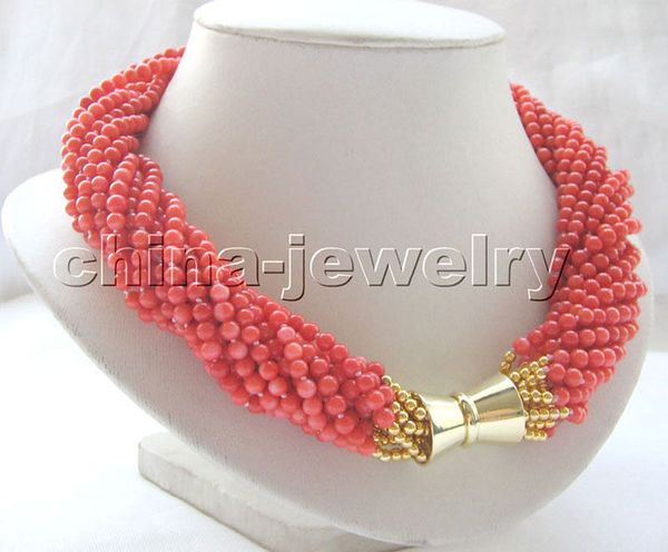 

p3659 - 18" 12row 4-5mm orange round coral necklace - gp magnet clasp, Silver