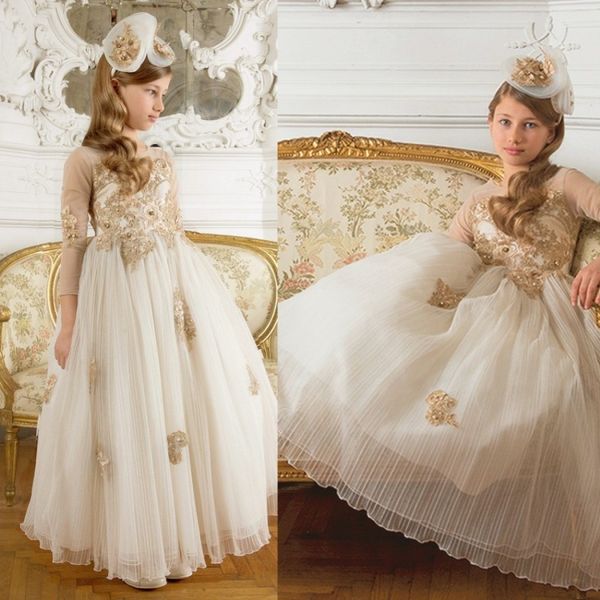 

sweet jewel neck flower girl dresses special occasion for weddings floor length 3/4 long sleeve kids pageant gowns appliques communion dress, White;blue