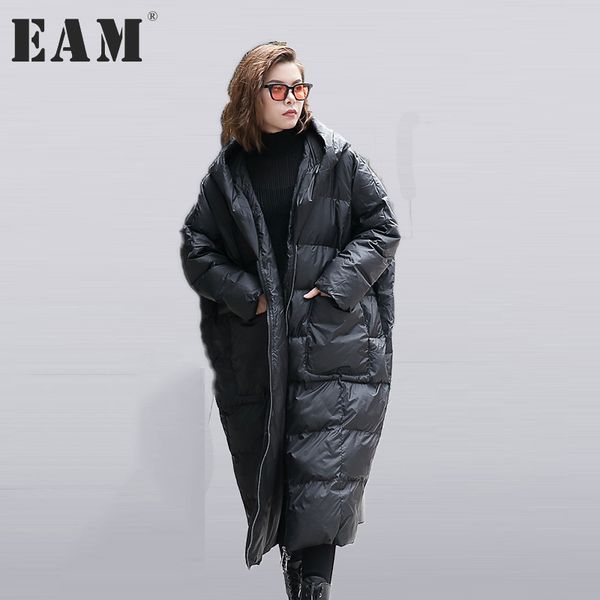 

wholesale-[eam] 2017 new autumn winter hooded long sleeve solid color black cotton-padded loose big size jacke women fashion tide jd12101