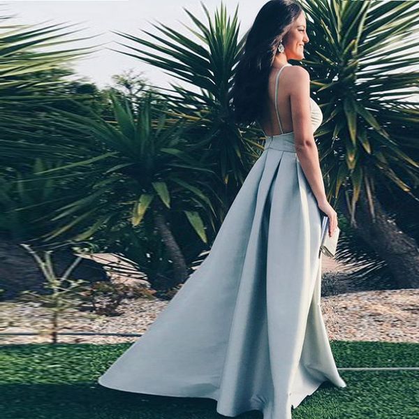 

new spaghetti strap v neck long prom dresses simple a line satin evening gowns custom made, Black