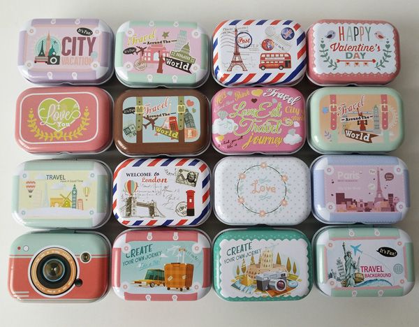 

32pcs/lot small tin box metal storage tins candy box travel around the world pill box