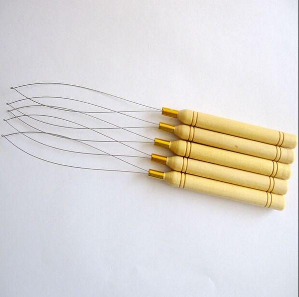 

wholesale-curve needle 20pcs/pack hair weaving extension hook needle micro loop threader hair tools wooden handle stainless steel c wire, Silver