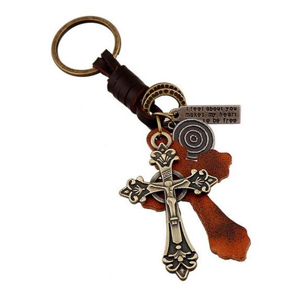 

mens perfect leather key chains alloy cross pendant keychains vintage cowhide braid key rings fashion bag accessories y125, Slivery;golden