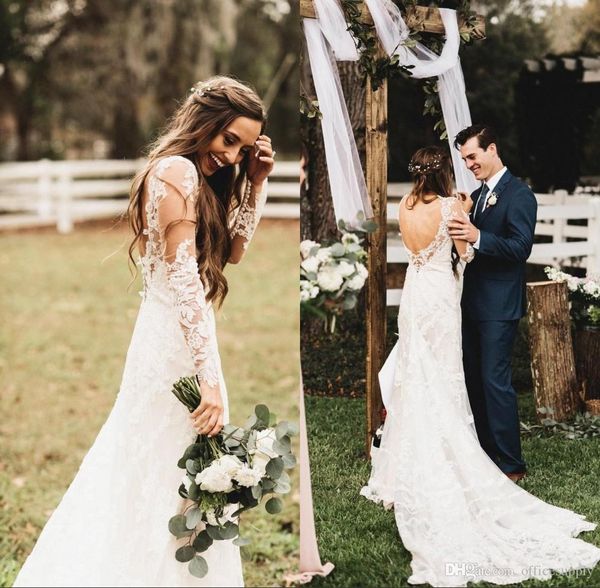 

Пляжные летние свадебные платья Boho 2019 V-образным вырезом на спине с длинными рукавами Длина пола Свадебные платья Формальные платья для богемной свадьбы