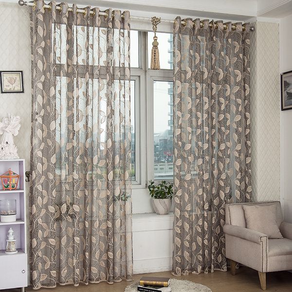 3 Styles Embroidered Leaves Sheer Curtains Gray Coffee Brown