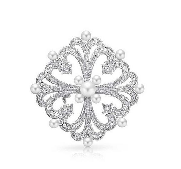

2 inch white gold plated clear rhinestone crystal diamante wedding brooch with ivory pearl women pins, Gray