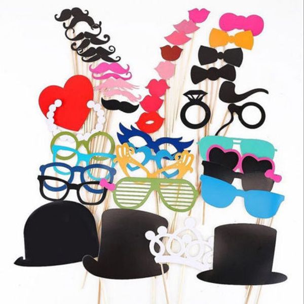 44PCS/Set Photo Booth Prop Baffi Occhiali da vista Labbra su un bastone Maschera Fotografia divertente per feste di matrimonio