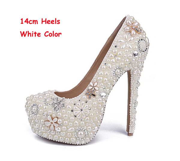 Women 14 CM High Heels Pumps Romantic Wedding Shoes Fashion Pearl Shoes Comfort Platform Shoes White Large Size
