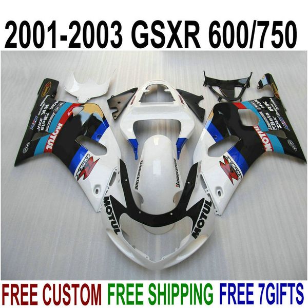 Personalizza le parti del motociclo per SUZUKI GSXR600 GSXR750 2001 2002 2003 K1 kit carena bianco nero blu GSXR 600 750 01-03 carene RA91