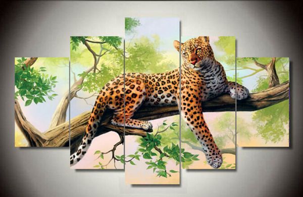 

5 panels modern art large hd leopard lying green tree rated canvas print painting for living room wall art framed art f/430